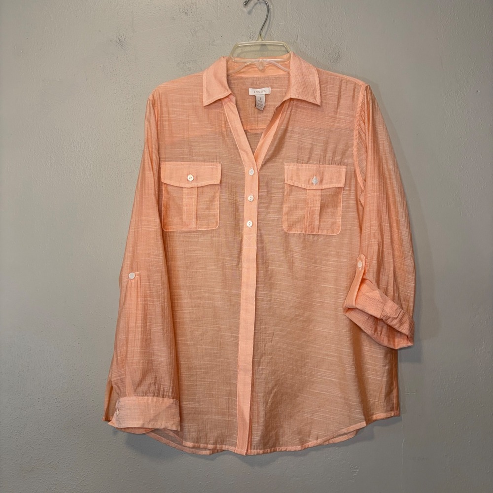 Chicos Peach Orange Roll Tab Button Down Shirt Size 1 Medium Rayon Blend Top